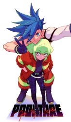 Rule 34 | 2boys, bae (baebae), black gloves, blue eyes, blue hair, chin rest, copyright name, detached sleeves, firefighter jacket, from above, galo thymos, gloves, green hair, half gloves, head on head, head rest, height difference, highres, jacket, lio fotia, male focus, multiple boys, promare, purple eyes, single detached sleeve, v