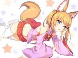 Rule 34 | 1girl, animal ear fluff, animal ears, bare shoulders, bell, blonde hair, blue eyes, blush, bow, commentary, detached sleeves, fang, fox ears, fox tail, hand on own cheek, hand on own face, icomochi, jingle bell, kemomimi oukoku kokuei housou, lying, midriff, mikoko (kemomimi oukoku kokuei housou), no shoes, on side, open mouth, pink vest, red bow, red skirt, ribbon-trimmed legwear, ribbon trim, skirt, solo, star (symbol), starry background, tail, thighhighs, twintails, vest, virtual youtuber, white thighhighs, wide sleeves, zettai ryouiki
