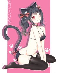 Rule 34 | 10s, 1girl, absurdres, animal ears, bell, bikini, black bikini, black hair, black thighhighs, blush, bow, breasts, cat ears, cat tail, character name, cleavage, closed mouth, collar, covered erect nipples, frilled thighhighs, frills, from side, full body, hair bow, head tilt, highres, kemonomimi mode, looking at viewer, love live!, love live! school idol project, medium breasts, medium hair, navel, neck bell, one eye closed, outline, outside border, parted bangs, pink background, red bow, red eyes, seiza, simple background, sitting, smile, solo, swimsuit, tail, thighhighs, thighs, twintails, wavy hair, yazawa nico, youga