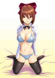 Rule 34 | 1girl, absurdres, black thighhighs, bow, bra, breasts, brown hair, cleavage, dragon@harry, full body, hair bow, hair ribbon, highres, kneeling, large breasts, lingerie, looking at viewer, navel, open clothes, open shirt, original, panties, parted lips, red eyes, ribbon, shirt, short hair, solo, striped bra, striped clothes, striped panties, thighhighs, underwear