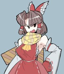 Rule 34 | 1girl, armpits, ascot, benikurage (cookie), black eyes, blue background, bow, breasts, brown hair, brown scarf, cookie (touhou), cowboy shot, detached sleeves, dress, eyes visible through hair, frilled bow, frilled hair tubes, frills, hair bow, hair tubes, hakurei reimu, icepower, looking at viewer, medium breasts, mittens, open mouth, parted bangs, red bow, red dress, red mittens, red skirt, ribbon-trimmed sleeves, ribbon trim, sarashi, scarf, short hair, sideboob, sidelocks, simple background, skirt, sleeveless, sleeveless dress, solo, striped clothes, striped scarf, touhou, white sleeves, wide sleeves, yellow ascot, yellow scarf