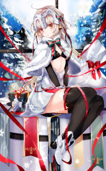 Rule 34 | 1girl, ahoge, bell, black gloves, black thighhighs, blonde hair, blush, cape, christmas, elbow gloves, fate/grand order, fate (series), fur trim, gloves, headpiece, highres, jeanne d&#039;arc (fate), jeanne d&#039;arc alter (fate), jeanne d&#039;arc alter santa lily (fate), long hair, looking at viewer, mamenomoto, ribbon, sitting, solo, thighhighs, window, winter, yellow eyes