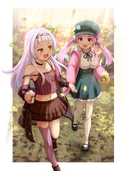 Rule 34 | 2girls, blunt bangs, brand name imitation, breasts, choker, commentary request, crop top, detached sleeves, drinking straw, falling leaves, frappuccino, hair ornament, hair scrunchie, hairband, haniwa (leaf garden), hat, high-waist skirt, highres, holding hands, hololive, jacket, large breasts, leaf, long hair, long sleeves, midriff, minato aqua, multiple girls, murasaki shion, navel, open mouth, pentagram, pink hair, pink jacket, pleated skirt, purple eyes, purple hair, scrunchie, single thighhigh, skirt, small breasts, smile, thighhighs, twintails, virtual youtuber, whipped cream