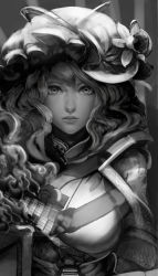 Rule 34 | 1girl, alternate costume, breasts, daffodil, expressionless, flower, greyscale, hat, hat flower, hat ribbon, highres, janyhero, lips, long hair, looking at viewer, md5 mismatch, mob cap, monochrome, nose, realistic, resolution mismatch, revision, ribbon, smoke, solo, source larger, touhou, unfinished, upper body, yakumo yukari