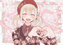 Rule 34 | 1girl, azusawa kohane, blonde hair, brooch, closed eyes, flower, hand up, happy, happy birthday, hat, heart, heart hands, jewelry, looking at viewer, petals, project sekai, ribbon, short twintails, smile, twintails, wandahoi hana