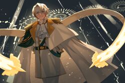 Rule 34 | 1boy, ascot, blonde hair, blurry, blurry background, cloak, clotted cream cookie, collared shirt, commentary, cookie run, epaulettes, green eyes, highres, humanization, light particles, looking at viewer, male focus, nekoyasiki33, parted bangs, shirt, short hair, smile, solo, two-tone cloak, upper body, vest, white ascot, white shirt