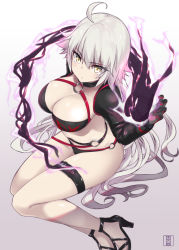 Rule 34 | 1girl, ahoge, belt, bikini, black bikini, black choker, black fire, black gloves, black jacket, breasts, choker, cleavage, closed mouth, collarbone, commentary request, cropped jacket, dragon, fate/grand order, fate (series), fire, gloves, high heels, hip focus, jacket, jeanne d&#039;arc alter (swimsuit berserker) (fate), jeanne d&#039;arc (fate), jeanne d&#039;arc alter (fate), jeanne d&#039;arc alter (swimsuit berserker) (fate), large breasts, legs, long hair, long legs, looking at viewer, murio, o-ring, o-ring bikini, shrug (clothing), silver hair, simple background, solo, swimsuit, thigh strap, thighs, very long hair, white background, yellow eyes