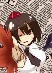 Rule 34 | &gt;:d, 1girl, :d, ;d, absurdres, black wings, brown hair, detached wings, earlgrey, english text, hand fan, female focus, hat, highres, looking at viewer, necktie, no nose, one eye closed, open mouth, puffy sleeves, red eyes, shameimaru aya, short hair, short sleeves, smile, solo, tokin hat, touhou, v-shaped eyebrows, wings, wink