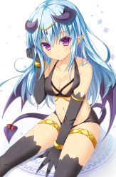 Rule 34 | 1girl, arm up, bangle, bare shoulders, between legs, black gloves, black thighhighs, blue hair, blush, bow, bracelet, breasts, cleavage, closed mouth, collarbone, commentary request, curled horns, dark-skinned female, dark skin, demon girl, demon horns, demon tail, demon wings, elbow gloves, gloves, hair between eyes, hand between legs, head tilt, highres, horns, jewelry, long hair, looking at viewer, medium breasts, navel, original, pimopi, pointy ears, purple eyes, purple wings, red bow, sitting, smile, solo, tail, tail bow, tail ornament, thighhighs, very long hair, white background, wings