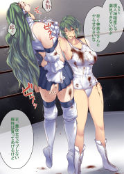 Rule 34 | 2girls, adapted costume, asphyxiation, blood, blood on clothes, blood on face, blue skirt, boots, breasts, cleavage, collarbone, collared shirt, detached sleeves, full body, green eyes, green hair, grey background, grin, hair ornament, hair tubes, hand on own hip, highres, holding, injury, kazami yuuka, knee pads, kochiya sanae, large breasts, long hair, midriff, miniskirt, multiple girls, muscular, muscular female, neck lift, one-piece swimsuit, red eyes, rope, ryona, saliva, school swimsuit, shadow, shirt, short hair, skirt, sleeveless, sleeveless shirt, smile, stadium, strangling, sweat, swimsuit, tobisawa, touhou, translation request, white footwear, white one-piece swimsuit, white school swimsuit, white shirt, wide sleeves, wrestling, wrestling outfit, wrestling ring