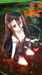 Rule 34 | 10s, 1girl, abyssal ship, aged down, battleship princess, black dress, black hair, breasts, colored skin, dress, highres, horns, kantai collection, leaf, long hair, looking at viewer, maple leaf, open mouth, pale skin, red eyes, short dress, sitting, skin-covered horns, small breasts, solo, very long hair, water, white skin, yuuji (yukimimi)