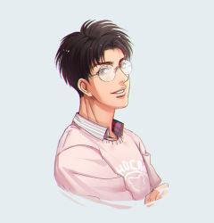 Rule 34 | 1boy, black eyes, black hair, casual, clothes writing, collared shirt, commentary request, cropped torso, glasses, grey background, kogure kiminobu, long neck, looking at viewer, male focus, moonjjj, parted lips, pink shirt, print shirt, round eyewear, shirt, short hair, simple background, sketch, slam dunk (series), smile, solo, upper body
