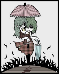 Rule 34 | 2girls, aged down, ascot, carrying, closed umbrella, dual persona, female focus, genkidaun, green hair, grey background, hair over one eye, holding, holding umbrella, hollow eyes, kazami yuuka, kazami yuuka (pc-98), long hair, multiple girls, no eyes, pantyhose, parasol, plaid, plaid skirt, plaid vest, shaded face, short hair, simple background, skirt, skirt set, smile, solid circle eyes, touhou, touhou (pc-98), umbrella, unmoving pattern, vest