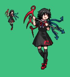 Rule 34 | 1girl, :d, ahoge, asymmetrical wings, black dress, black hair, boots, bow, buttons, dress, footwear bow, full body, green background, holding, holding weapon, houjuu nue, ichiba youichi, mary janes, multiple views, open mouth, pixel art, polearm, red bow, red eyes, red footwear, shoes, short dress, short hair, short sleeves, simple background, smile, standing, thighhighs, touhou, trident, weapon, wings, zettai ryouiki