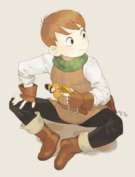 Rule 34 | 1boy, animal, armor, belt, black pants, brown gloves, butterfly sitting, chilchuck tims, closed mouth, coin, dungeon meshi, frown, full body, gloves, green scarf, grey background, guo (cat78952), halfling, hand on own leg, hand up, holding, holding coin, korean commentary, leather armor, long sleeves, looking to the side, male focus, mouse (animal), pants, scarf, shirt, short hair, simple background, sitting, sleeves rolled up, white shirt
