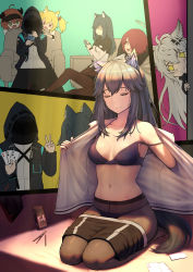 Rule 34 | + +, 1other, 5girls, :3, absurdres, ace (playing card), ace of clubs, ace of hearts, ace of spades, ahoge, animal ear fluff, animal ears, arknights, bare shoulders, black bra, black hair, black legwear, black shorts, blonde hair, bra, breasts, card, closed eyes, clothes pull, club (shape), collarbone, commentary request, croissant (arknights), doctor (arknights), exusiai (arknights), green eyes, hair between eyes, hair ornament, hairclip, halo, heart, highres, holding, holding card, horns, jacket, lappland (arknights), long hair, medium breasts, multiple girls, multiple views, navel, open clothes, open jacket, open mouth, orange hair, panties, panties under pantyhose, pantyhose, playing card, red eyes, red hair, seiza, shorts, shorts pull, silver hair, sitting, sora (arknights), spade (shape), stomach, strap slip, tail, texas (arknights), underwear, v, white jacket, wolf ears, wolf tail, yunkaiming