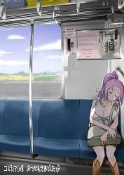 Rule 34 | breasts, cleavage, day, freckles, leaning to the side, messy hair, ootsuka mahiro, pink hair, sitting, sleeping, solo, tagme, train interior