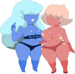 Rule 34 | 2girls, absurdres, bikini, blue skin, breasts, cleavage, colored skin, hair over eyes, high heels, highres, hoshime, large breasts, lips, long hair, multiple girls, navel, padparadscha (steven universe), pink hair, pink skin, sapphire (steven universe), short hair, shorts, steven universe, strapless, swimsuit, thick thighs, thighs, tube top, v, wide hips