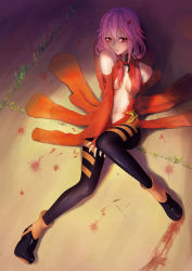 Rule 34 | 10s, 1girl, arm support, blood, breasts, center opening, exxe, guilty crown, long legs, purple hair, red eyes, sitting, solo, yuzuriha inori