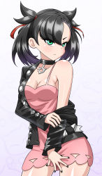 Rule 34 | 1girl, abra, aqua eyes, armpits, asymmetrical bangs, bare shoulders, black choker, black hair, black jacket, blush, breasts, child, choker, cleavage, collarbone, covering crotch, covering privates, creatures (company), dress, earrings, female focus, game freak, gen 1 pokemon, gen 8 pokemon, gradient background, hair ribbon, highres, jacket, jewelry, leather, leather jacket, legs, looking to the side, marnie (pokemon), nail polish, neck, nintendo, pale skin, pink dress, pokemon, pokemon (creature), pokemon swsh, removing jacket, ribbon, serious, shiny skin, simple background, sleeveless, sleeveless dress, small breasts, thighs, twintails, undercut, undressing, yensh