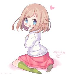 Rule 34 | 1girl, aliceyawnin, artist name, blue eyes, blush, brown hair, claire (clarevoir), commission, creatures (company), dated, female focus, from behind, full body, game freak, gloria (pokemon), green socks, hand up, happy, heart, highres, jpeg artifacts, kneehighs, long sleeves, looking at viewer, looking back, nintendo, open mouth, pink skirt, pokemon, pokemon swsh, shiny clothes, short hair, simple background, sitting, skirt, smile, socks, solo, sweater, swept bangs, twitter username, wariza, watermark, white background, white sweater