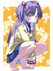 1girl akayama_yukihe barefoot between_legs blazer blue_skirt blush border clannad closed_mouth commentary_request feet frown full_body hair_bobbles hair_ornament hand_between_legs highres hikarizaka_private_high_school_uniform ichinose_kotomi jacket jitome long_hair looking_at_viewer miniskirt orange_background outside_border pleated_skirt purple_eyes purple_hair sailor_collar school_uniform serafuku sidelocks simple_background skirt solo squatting straight_hair tiptoes toes two_side_up v_arms white_border white_sailor_collar yellow_jacket