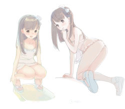 Rule 34 | 2girls, all fours, ass, bad id, bad tumblr id, blush, brown eyes, brown hair, closed mouth, dress, half-closed eyes, hand on own chin, hand up, kneeling, kokudou juunigou, long hair, looking at viewer, looking back, multiple girls, open mouth, original, panties, pantyshot, sandals, simple background, smile, squatting, thighs, twintails, underwear, wedge heels, white background, white dress, white panties