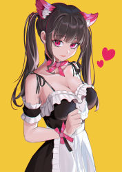 Rule 34 | 1girl, animal ear fluff, animal ears, apron, arm cuffs, bare shoulders, black dress, breasts, cat ears, cleavage, closed mouth, collarbone, commentary request, cowboy shot, dress, frilled dress, frills, grey hair, heart, henz, highres, large breasts, long hair, looking at viewer, neck ribbon, original, pink eyes, pink ribbon, red lips, ribbon, simple background, smile, solo, twintails, waist apron, white apron, yellow background