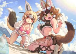 Rule 34 | 2girls, absurdres, all fours, animal ear fluff, animal ears, ball, beach, beachball, bikini, bikini under clothes, black bikini, black hair, blonde hair, blue sky, blush, bow, bow bikini, breasts, brown hair, collarbone, day, dhole (kemono friends), dog ears, dog girl, dog tail, eyewear on head, fisheye, flower, fox ears, fox girl, fox tail, hand up, hands up, heart, heart-shaped eyewear, highres, jacket, kemono friends, kemono friends 3, long sleeves, looking at viewer, looking back, medium breasts, medium hair, melaton, multicolored hair, multiple girls, open clothes, open jacket, open mouth, orange eyes, outdoors, parted bangs, parted lips, pink bikini, rueppell&#039;s fox (kemono friends), sandals, sarong, see-through, see-through sarong, sky, smile, sunglasses, sunlight, swimsuit, tail, twisted torso, underboob, waves, white bow, white hair, yellow eyes