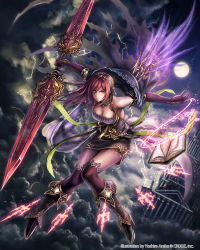 Rule 34 | 1girl, anbe yoshirou, black thighhighs, book, breasts, cleavage, cloud, double-blade, dress, dual blades, elbow gloves, flying, gloves, highres, jewelry, lightning, magic, magic circle, medium breasts, moon, necklace, night, night sky, open book, original, polearm, red hair, shinma x keishou! ragnabreak, sky, solo, sword, thighhighs, weapon, yellow eyes