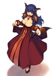 Rule 34 | 1girl, blue eyes, blue hair, blush, breasts, choker, cleavage, cosplay, cross, dress, fake horns, fur trim, horns, jewelry, large breasts, long hair, looking at viewer, maou (maoyuu), maou (maoyuu) (cosplay), maoyuu maou yuusha, matching hair/eyes, mil (xration), necklace, priest (ragnarok online), ragnarok online, simple background, smile, solo, white background
