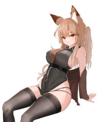 Rule 34 | 1girl, absurdres, alternate costume, animal ear fluff, animal ears, arknights, arm support, bare shoulders, black leotard, black thighhighs, blunt bangs, breasts, brown hair, brown shirt, chinese commentary, closed mouth, commentary request, covered navel, feet out of frame, fox ears, franka (arknights), highres, invisible chair, lahz52, large breasts, leaning back, leotard, long hair, long sleeves, looking at viewer, no tail, one side up, open clothes, open shirt, red eyes, shirt, sideboob, simple background, sitting, skindentation, smile, solo, thighhighs, underbust, white background