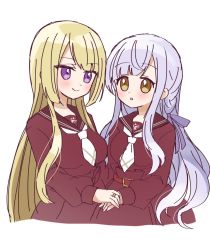 Rule 34 | 2girls, assault lily, belt, belt buckle, blonde hair, blunt bangs, blush, braid, breasts, brown sailor collar, buckle, closed mouth, commentary request, cowboy shot, cropped legs, eye contact, grey hair, hair ribbon, high-waist skirt, holding hands, jewelry, kanba girls high school uniform, kon kanaho, long hair, long sleeves, looking at another, medium breasts, miyagawa takane, miyuara, multiple girls, necktie, parted lips, purple eyes, purple ribbon, red belt, red shirt, red skirt, ribbon, ring, sailor collar, school uniform, serafuku, shirt, short necktie, side-by-side, side braid, sidelocks, simple background, skirt, smile, standing, very long hair, wavy hair, white background, white necktie, yellow eyes, yuri