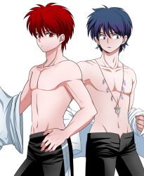 Rule 34 | 2boys, jewelry, juumonji tsubasa, kyoukai no rinne, looking at viewer, male focus, multiple boys, muscular, rokudou rinne, topless male, tagme, undressing, yaoi
