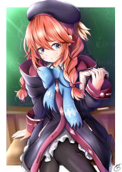 Rule 34 | 1girl, :o, absurdres, beret, black hat, black pantyhose, blue bow, blush, book, bow, braid, brown hair, coat, hair between eyes, hat, highres, holding, holding book, hood, hooded coat, long hair, long sleeves, looking at viewer, pantyhose, parted lips, princess connect!, purple eyes, signature, sitting, solo, takemura kou, twin braids, uniform, yuni (princess connect!)