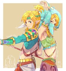Rule 34 | 2boys, alternate costume, alternate hairstyle, arms up, back-to-back, blonde hair, blue eyes, crossdressing, desert voe set (zelda), detached sleeves, dual persona, gerudo set (zelda), highres, igote, link, looking at viewer, midriff, mouth veil, multiple boys, navel, nintendo, official alternate costume, pointy ears, red botw, smile, stomach, the legend of zelda, the legend of zelda: breath of the wild, trap, veil, weapon