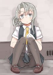 Rule 34 | 1girl, asymmetrical hair, black pantyhose, black skirt, black vest, brown footwear, collared shirt, commentary request, commission, dress shirt, enjaku izuku, flipped hair, gloves, grey eyes, grey hair, highres, kantai collection, loafers, long hair, looking at viewer, necktie, nowaki (kancolle), pantyhose, pleated skirt, school uniform, shirt, shoes, sitting, skirt, solo, swept bangs, vest, white gloves, white shirt, yellow necktie