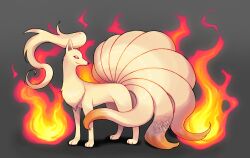 Rule 34 | animal focus, blonde hair, creatures (company), fire, fox, game freak, gen 1 pokemon, grey background, highres, kitsune, long hair, multiple tails, ninetales, nintendo, no humans, pokemon, pokemon (creature), red eyes, signature, simple background, smile, solo, tail, xyliax