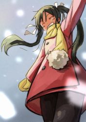 Rule 34 | 1girl, black hair, coat, closed eyes, francesca lucchini, grin, long hair, mittens, pantyhose, scarf, shibasaki shouji, smile, snowing, solo, strike witches, twintails, waving, world witches series