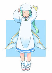Rule 34 | 1girl, :d, adjusting clothes, adjusting headwear, ankle socks, apron, arms up, blue background, blush, border, bow, commentary request, contemporary, daiyousei, fairy, fairy wings, full body, green eyes, green hair, hair bow, hand on headwear, head scarf, kappougi, long hair, long sleeves, looking at viewer, low wings, necktie, no nose, open mouth, outside border, puffy long sleeves, puffy sleeves, rangycrow, shoes, side ponytail, simple background, smile, socks, solo, standing, straight-on, tenugui, touhou, transparent wings, uwabaki, white apron, white border, white footwear, white headwear, white socks, wing collar, wings, yellow bow, yellow necktie, | |