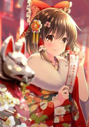Rule 34 | 1girl, blurry, blurry background, blurry foreground, bow, brown eyes, brown hair, closed mouth, commentary request, fingernails, floral print, flower, fur collar, hair between eyes, hair bow, hair ornament, hair tubes, hakurei reimu, holding, japanese clothes, kimono, long hair, long sleeves, nail polish, obi, omikuji, print kimono, red bow, red kimono, red nails, sash, smile, solo, statue, touhou, white flower, wide sleeves, yuuka nonoko