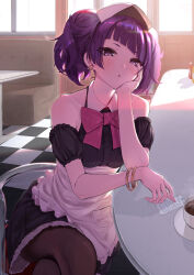 Rule 34 | 1girl, absurdres, apron, armlet, black dress, blush, bow, coffee cup, crossed legs, cup, diagonal bangs, disposable cup, dress, earrings, hand on own cheek, hand on own face, headdress, highres, idolmaster, idolmaster shiny colors, jewelry, kaiso (kaisooekaki), looking at viewer, maid apron, parted lips, purple eyes, purple hair, red bow, short twintails, sitting, sleeveless, sleeveless dress, solo, tanaka mamimi, twintails, upper body, white apron