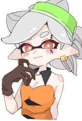 Rule 34 | 1girl, bare shoulders, black collar, black gloves, blush stickers, bow-shaped hair, closed mouth, collar, commentary request, detached collar, dot nose, dress, earrings, facepaint, gloves, grey hair, halloween costume, hand up, highres, inkling, jewelry, light smile, marie (splatoon), nintendo, official alternate costume, orange dress, orange eyes, short hair, sif ly, solo, splatoon (series), splatoon 3, star-shaped pupils, star (symbol), strapless, strapless dress, symbol-shaped pupils, upper body, white background