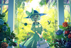Rule 34 | 1girl, adapted costume, animal, bag, black hat, blue flower, blue rose, blush, bug, butterfly, closed eyes, facing viewer, flower, green hair, green skirt, hat, hat ribbon, heart, heart of string, highres, holding, holding bag, insect, komeiji koishi, open mouth, pleated skirt, red flower, red rose, revision, ribbon, rose, shirt, short hair, skirt, smile, solo, tami (joemanyodw), teeth, third eye, touhou, upper teeth only, yellow ribbon, yellow shirt