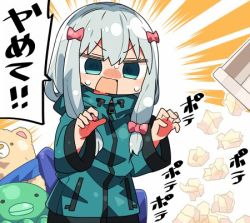 Rule 34 | 1girl, blue eyes, blue jacket, blush, bow, commentary request, eromanga sensei, hair between eyes, hair bow, hands up, izumi sagiri, jacket, kanikama, long hair, long sleeves, lowres, nose blush, open mouth, pink bow, silver hair, solo, stuffed animal, stuffed octopus, stuffed toy, sweat, teddy bear, track jacket, translation request, trash can, used tissue, v-shaped eyebrows, wide sleeves