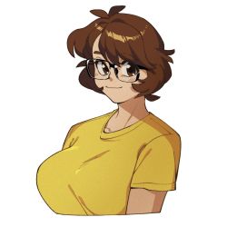 Rule 34 | 1990s (style), 1girl, blush, brown eyes, brown hair, collarbone, cropped torso, eyebrows hidden by hair, highres, original, portrait, retro artstyle, shirt, short hair, simple background, smile, snowcie, snowciel, solo, white background, yellow shirt