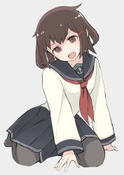 Rule 34 | 1girl, absurdres, anchor symbol, black pantyhose, black sailor collar, black skirt, brown eyes, brown hair, commentary request, fang, highres, ikazuchi (kancolle), kantai collection, neckerchief, one-hour drawing challenge, open mouth, pantyhose, pleated skirt, red neckerchief, sailor collar, school uniform, serafuku, short hair, simple background, skirt, smile, solo, toplow, white background
