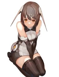 Rule 34 | 1girl, bare shoulders, between legs, black thighhighs, blush, breasts, brown eyes, brown hair, cleavage, commentary request, copyright request, detached sleeves, dress, embarrassed, full body, grey dress, hand between legs, headgear, km yama, looking at viewer, medium breasts, see-through, seiza, short dress, short hair, simple background, sitting, solo, thighhighs, white background