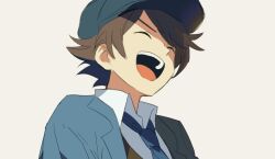 Rule 34 | 1boy, :d, blue hat, blue jacket, blue necktie, brown hair, cabbie hat, closed eyes, collared shirt, commentary request, facing viewer, future luke, hat, jacket, korean commentary, laughing, male focus, necktie, open mouth, pizza0u0bb, professor layton, professor layton and the unwound future, shirt, short hair, simple background, smile, solo, upper body, white background, white shirt