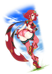 Rule 34 | 1girl, artist name, ass, blush, blushyspicy, boots, breasts, closed mouth, earrings, fingerless gloves, from behind, full body, gloves, hip focus, jewelry, large breasts, looking at viewer, matching hair/eyes, nintendo, pink thighhighs, pyra (xenoblade), red eyes, red hair, short sleeves, shorts, sky, smile, solo, standing, standing on one leg, thighhighs, thighs, tiara, white background, wide hips, xenoblade chronicles (series), xenoblade chronicles 2